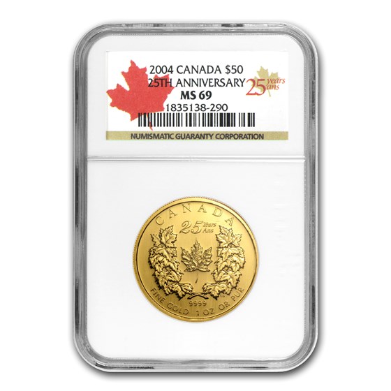 2004 Canada 1 oz Gold Maple Leaf MS-69 NGC (25th Anniv)