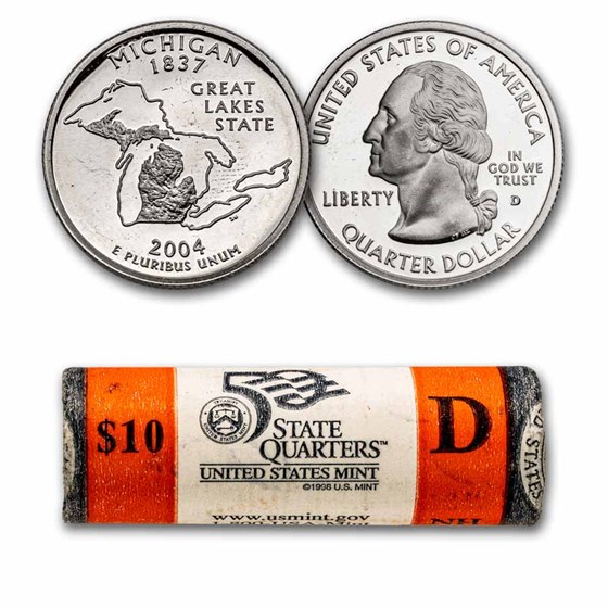 2004-D Michigan Statehood Quarter 40-Coin Roll BU (Mint Wrapped) 2004-D Michigan Statehood Quarter 40-Coin Roll BU (Mint Wrapped)