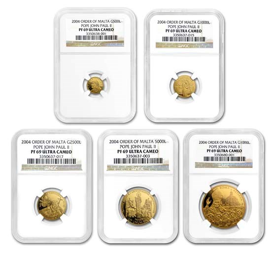 2004 Malta Gold 5-Coin Pope John Paul II Proof Set PF-69 NGC 2004 Malta Gold 5-Coin Pope John Paul II Proof Set PF-69 NGC