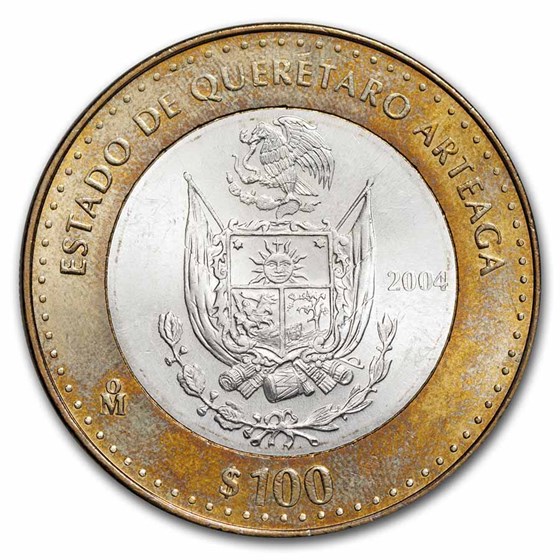 2004 Mexico Bimetal 100 Pesos Queretaro Arteaga BU (1st Edition)