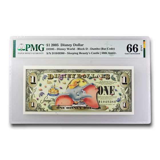 2005 $1.00 Disney Dollar 50th Anniversary Dumbo Gem CU-66 EPQ PMG 2005 $1.00 Disney Dollar 50th Anniversary Dumbo Gem CU-66 EPQ PMG