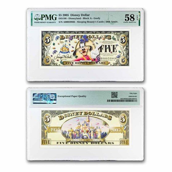 2005 $5.00 (A) Goofy, Disneyland Resort AU-58 EPQ PMG (DIS#108)