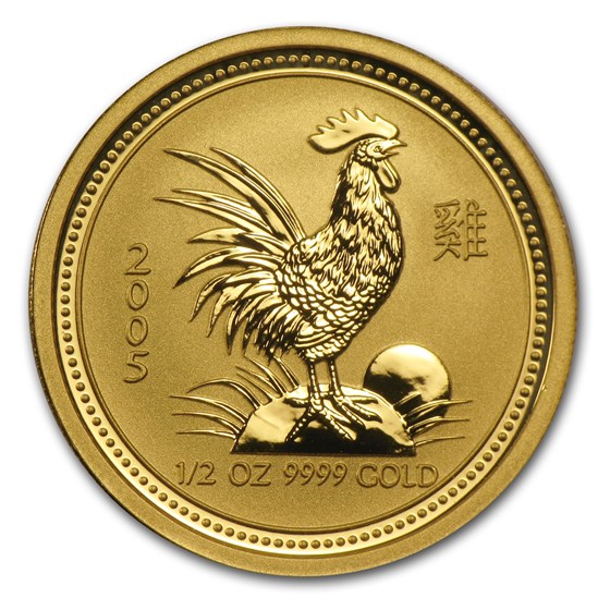 2005 Australia 1/2 oz Gold Lunar Rooster BU (Series I) 2005 Australia 1/2 oz Gold Lunar Rooster BU (Series I)