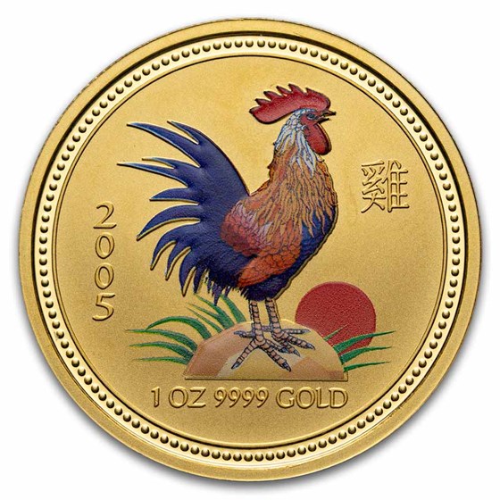 2005 Australia 1 oz Gold Lunar Colorized Rooster BU (Series I)