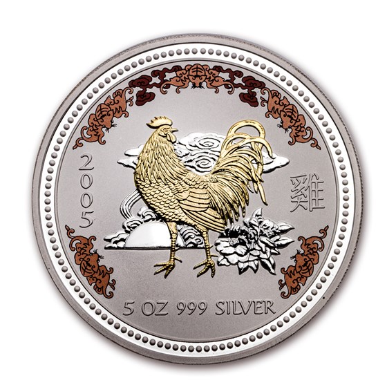 2005 Australia 5 oz Silver Year of the Rooster BU (Gilded)