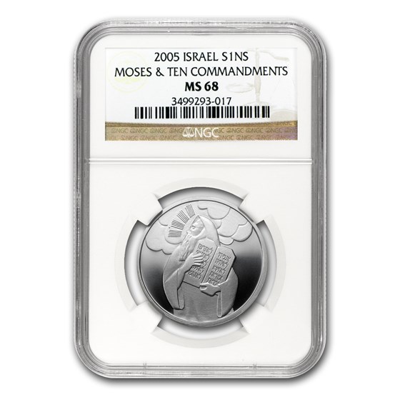 2005 Israel Silver 1 NIS Moses & Ten Commandments MS-68 NGC 2005 Israel Silver 1 NIS Moses & Ten Commandments MS-68 NGC