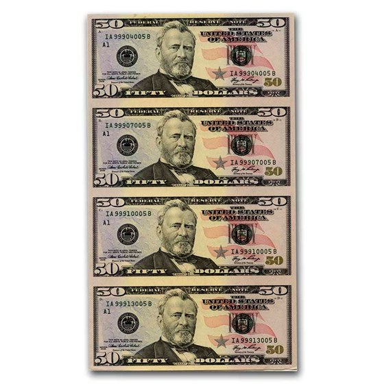 2006 $50 FRN CU (Fr#2130-A) 4 Note Uncut Sheet. 2006 $50 FRN CU (Fr#2130-A) 4 Note Uncut Sheet.