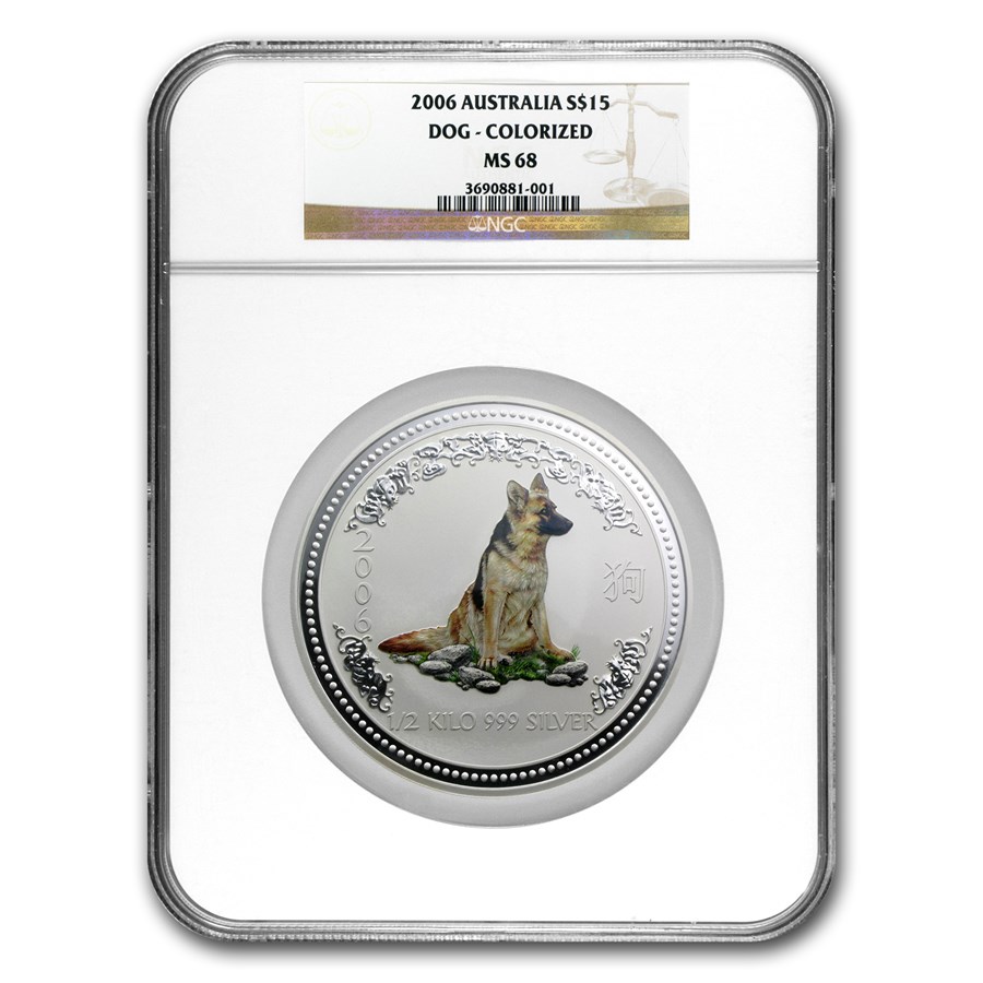 2006 Australia 1/2 kilo Silver Dog MS-68 NGC (Colorized)