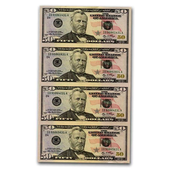 2006 (D-Cleveland) $50 FRN CU (Fr#2130-D) 4 Note Uncut Sheet 2006 (D-Cleveland) $50 FRN CU (Fr#2130-D) 4 Note Uncut Sheet