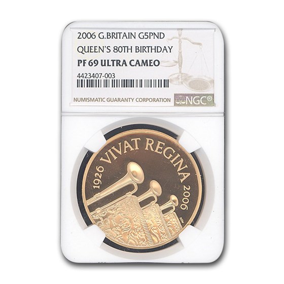 2006 Great Britain Gold £5 Sovereign Queen's Birthday PR-69 NGC 2006 Great Britain Gold £5 Sovereign Queen's Birthday PR-69 NGC