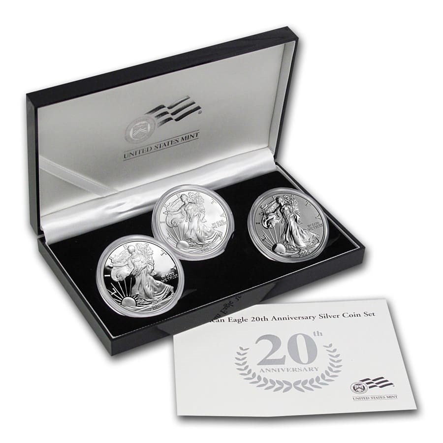 2006-W 3-Coin Proof Silver Eagle Set (20th Anniv, w/Box & COA)