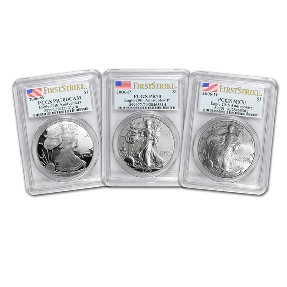 2006-W 3-Coin Silver Eagle Set MS/PR-70 PCGS (FS) 2006-W 3-Coin Silver Eagle Set MS/PR-70 PCGS (FS)