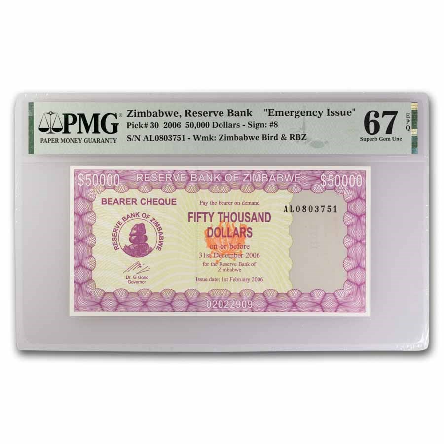 2006 Zimbabwe 50,000 Dollars "Emergency Issue" CU-67 EPQ PMG