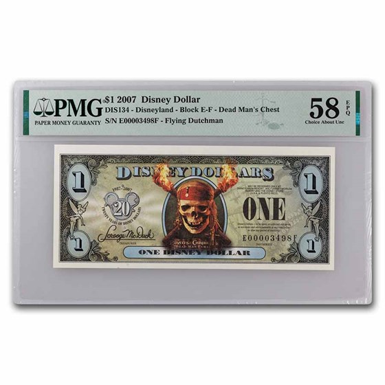 2007 $1.00 (EF) Pirate Skull Fire AU-58 EPQ PMG (DIS#134)