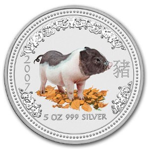 2007 Australia 5 oz Silver Year of the Pig BU (Colorized) 2007 Australia 5 oz Silver Year of the Pig BU (Colorized)