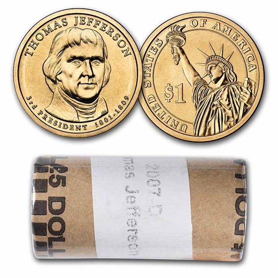 2007-D Thomas Jefferson 25-Coin Presidential Dollar Roll 2007-D Thomas Jefferson 25-Coin Presidential Dollar Roll