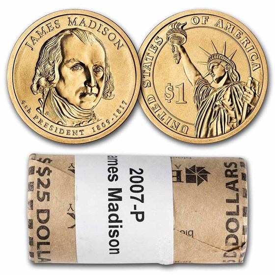 2007-P James Madison 25-Coin Presidential Dollar Roll 2007-P James Madison 25-Coin Presidential Dollar Roll
