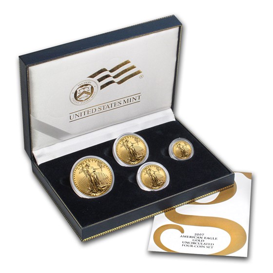 2007-W 4-Coin Burnished American Gold Eagle Set (w/Box & COA)
