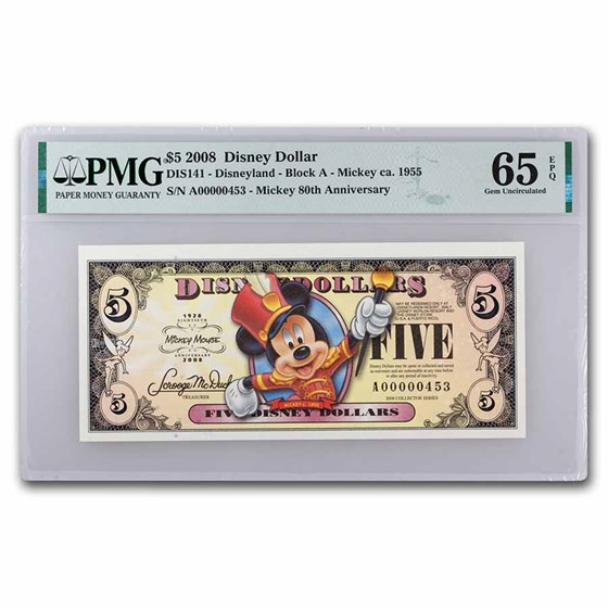 2008 $5 Band Mickey CU-65 EPQ PMG (DIS#141) Low 3 Digit Serial # 2008 $5 Band Mickey CU-65 EPQ PMG (DIS#141) Low 3 Digit Serial #