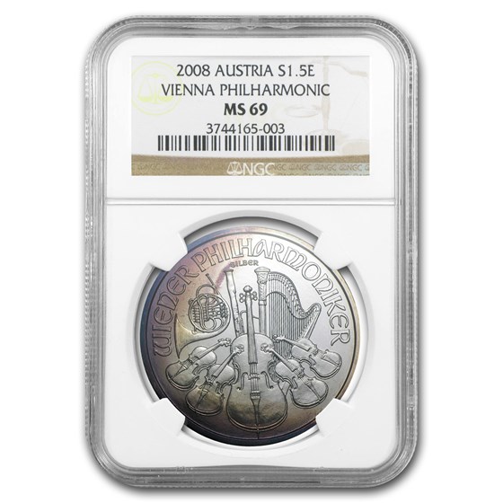 2008 Austria 1 oz Silver Philharmonic MS-69 NGC (Toned) 2008 Austria 1 oz Silver Philharmonic MS-69 NGC (Toned)