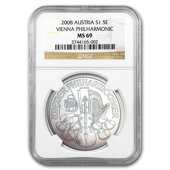 2008 Austria 1 oz Silver Vienna Philharmonic MS-69 NGC (Toned) 2008 Austria 1 oz Silver Vienna Philharmonic MS-69 NGC (Toned)