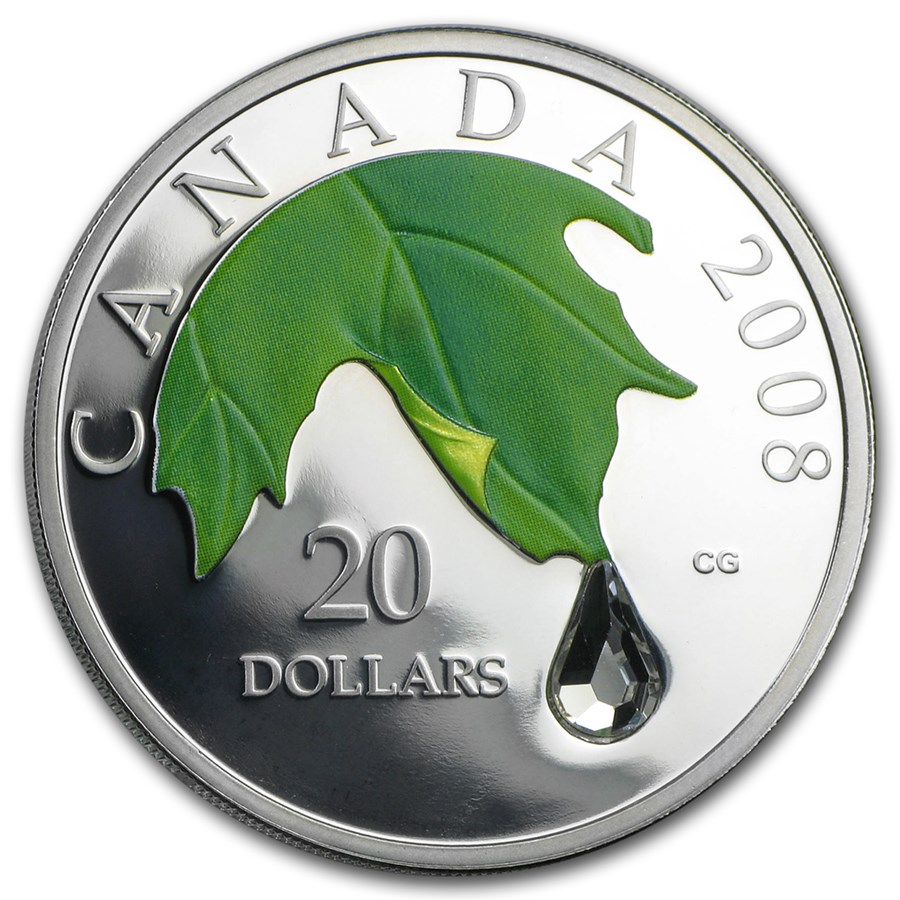 2008 Canada 1 oz Silver $20 Maple Leaf Crystal Raindrop (w/Box)