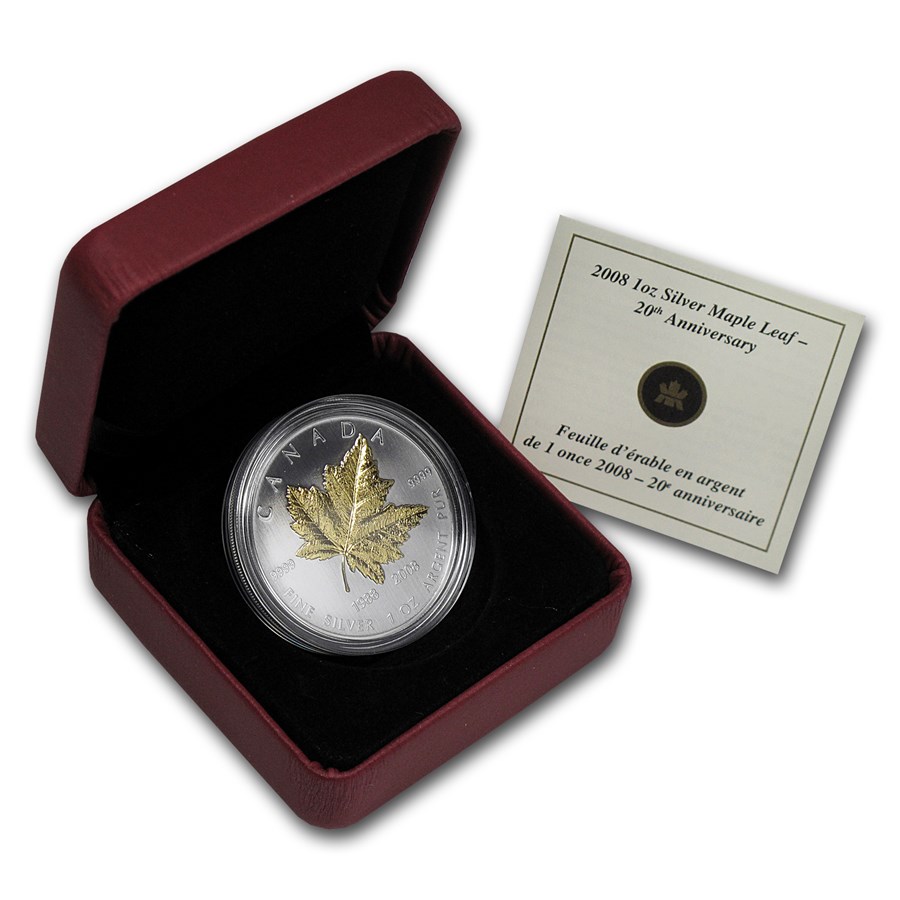 2008 Canada 1 oz Silver $5 Maple Leaf 20th Anniversary (Gilded)