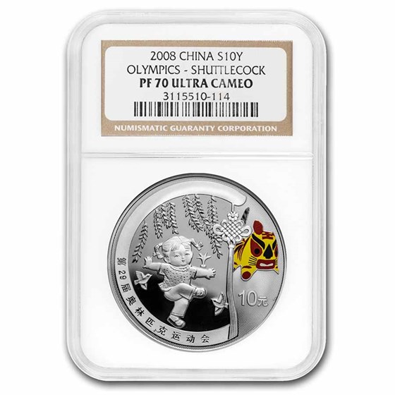 2008 China Silver ¥10 Olympic Games: Shuttlecock PF-70 NGC 2008 China Silver ¥10 Olympic Games: Shuttlecock PF-70 NGC