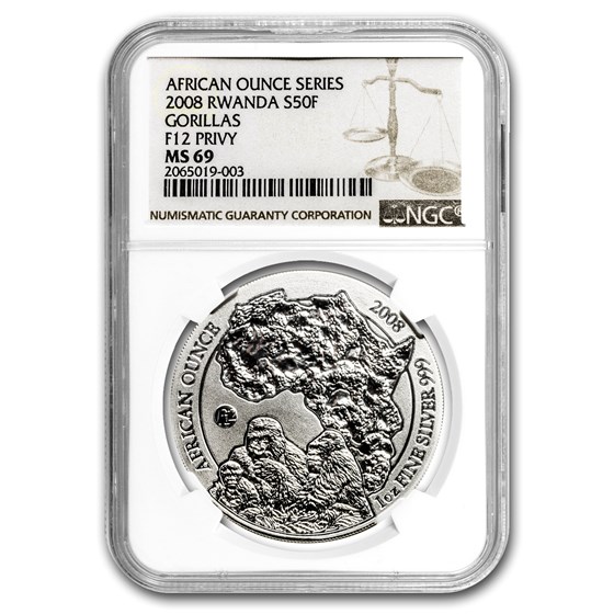 2008 Rwanda 1 oz Silver African Gorilla MS-69 NGC (F12 Privy) 2008 Rwanda 1 oz Silver African Gorilla MS-69 NGC (F12 Privy)