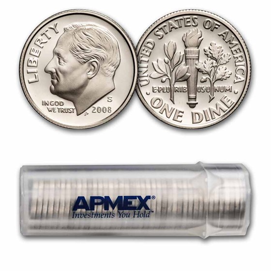 2008-S Roosevelt Dime 50-Coin Roll Proof (Clad) 2008-S Roosevelt Dime 50-Coin Roll Proof (Clad)