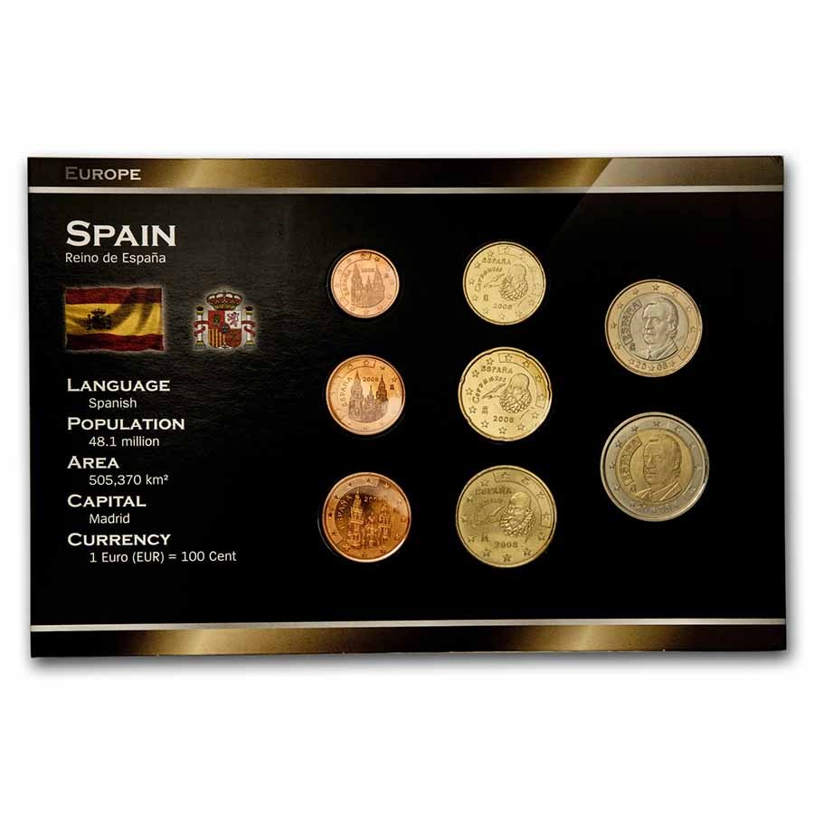 2008 Spain 1 Cent-2 Euro 8-Coin Euro Set BU