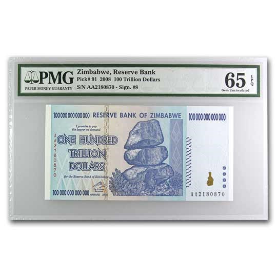 2008 Zimbabwe 100 Trillion Dollars Cape Buffalo CU-65 EPQ PMG 2008 Zimbabwe 100 Trillion Dollars Cape Buffalo CU-65 EPQ PMG