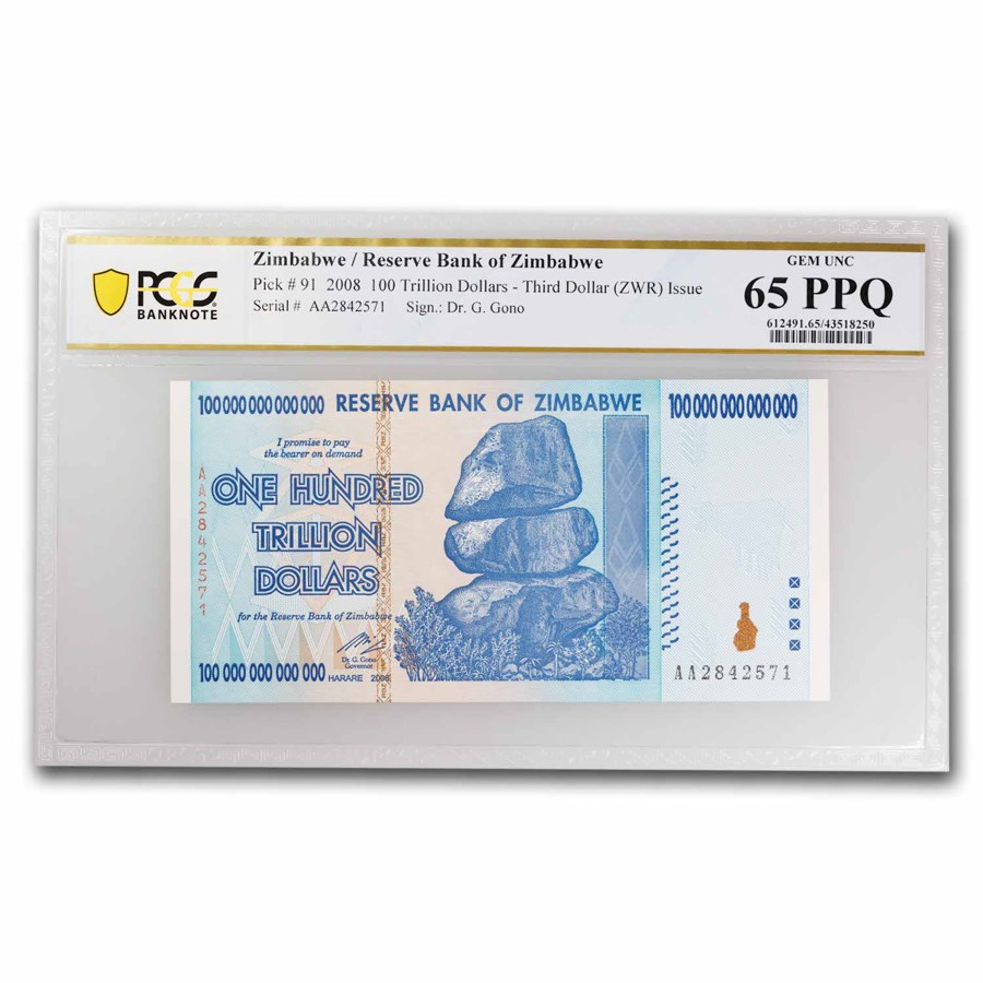 2008 Zimbabwe 100 Trillion Dollars Cape Buffalo CU-65 PPQ PCGS