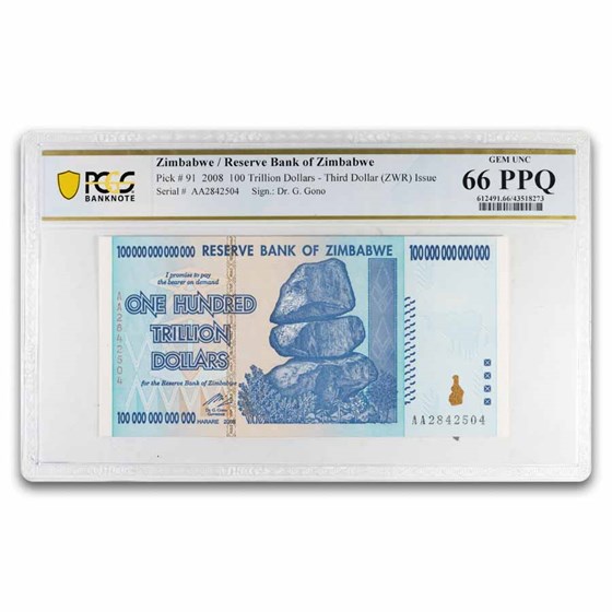2008 Zimbabwe 100 Trillion Dollars Cape Buffalo CU-66 PPQ PCGS