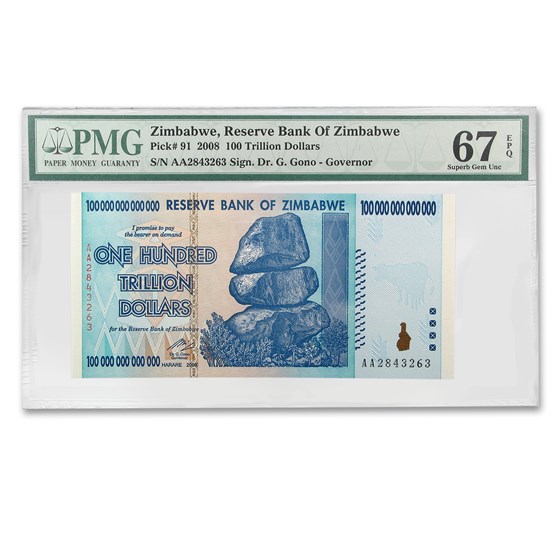 2008 Zimbabwe 100 Trillion Dollars Cape Buffalo CU-67 EPQ PMG 2008 Zimbabwe 100 Trillion Dollars Cape Buffalo CU-67 EPQ PMG