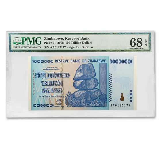 2008 Zimbabwe 100 Trillion Dollars Cape Buffalo CU-68 EPQ PMG 2008 Zimbabwe 100 Trillion Dollars Cape Buffalo CU-68 EPQ PMG