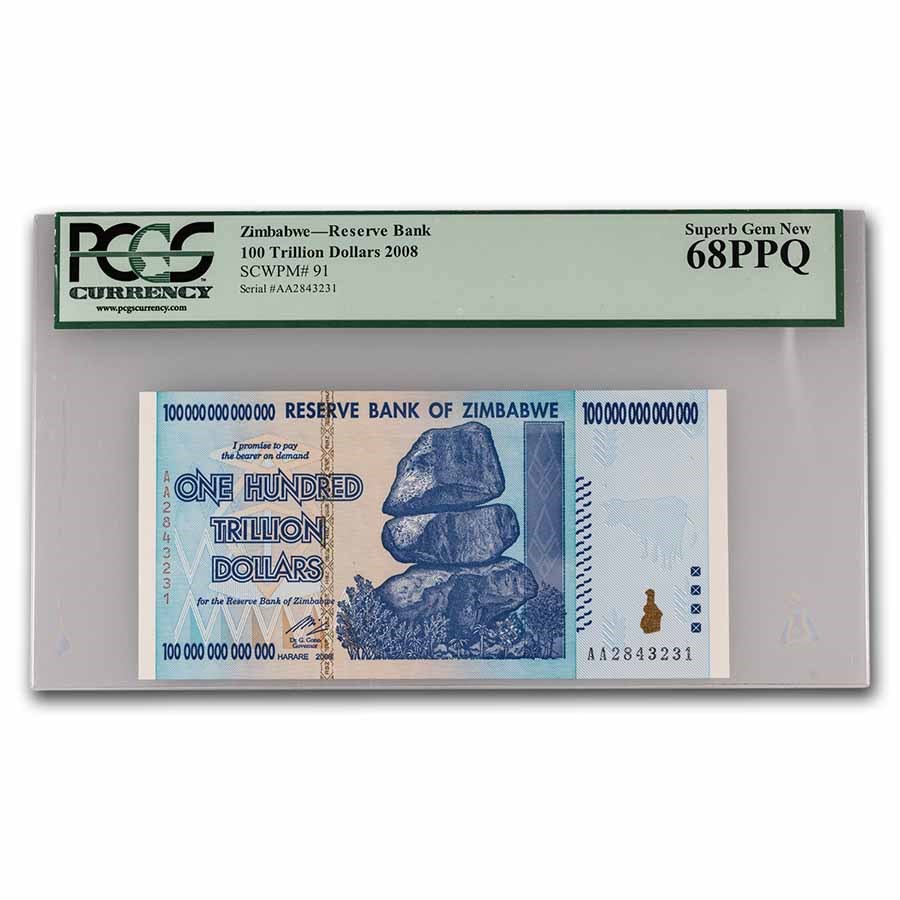 2008 Zimbabwe 100 Trillion Dollars Cape Buffalo CU-68 PPQ PCGS