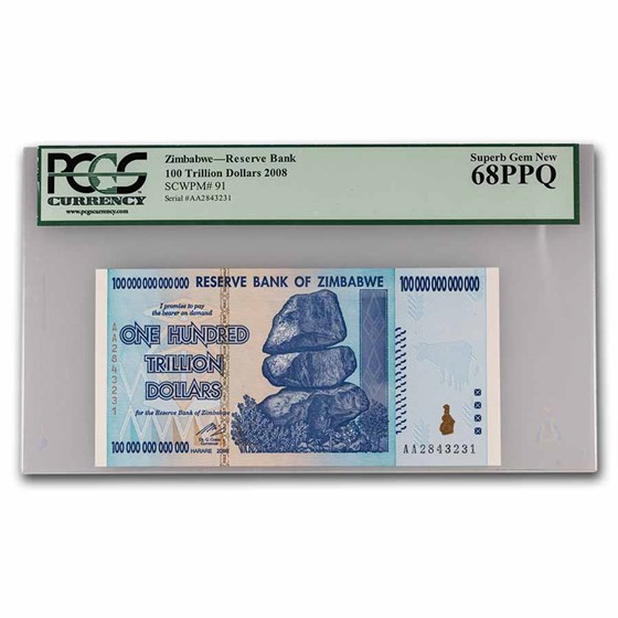 2008 Zimbabwe 100 Trillion Dollars Cape Buffalo CU-68 PPQ PCGS 2008 Zimbabwe 100 Trillion Dollars Cape Buffalo CU-68 PPQ PCGS