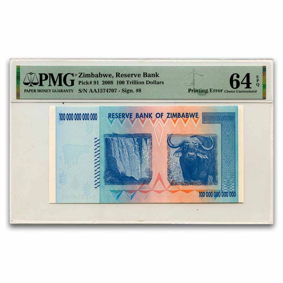 2008 Zimbabwe 100 Trillion Dollars CU-64 EPQ PMG (Printing Error)