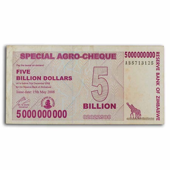 2008 Zimbabwe 5 Billion Dollars Giraffe Grain Elevators Avg Circ