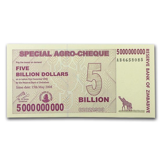 2008 Zimbabwe 5 Billion Dollars Giraffe Grain Elevators Unc 2008 Zimbabwe 5 Billion Dollars Giraffe Grain Elevators Unc
