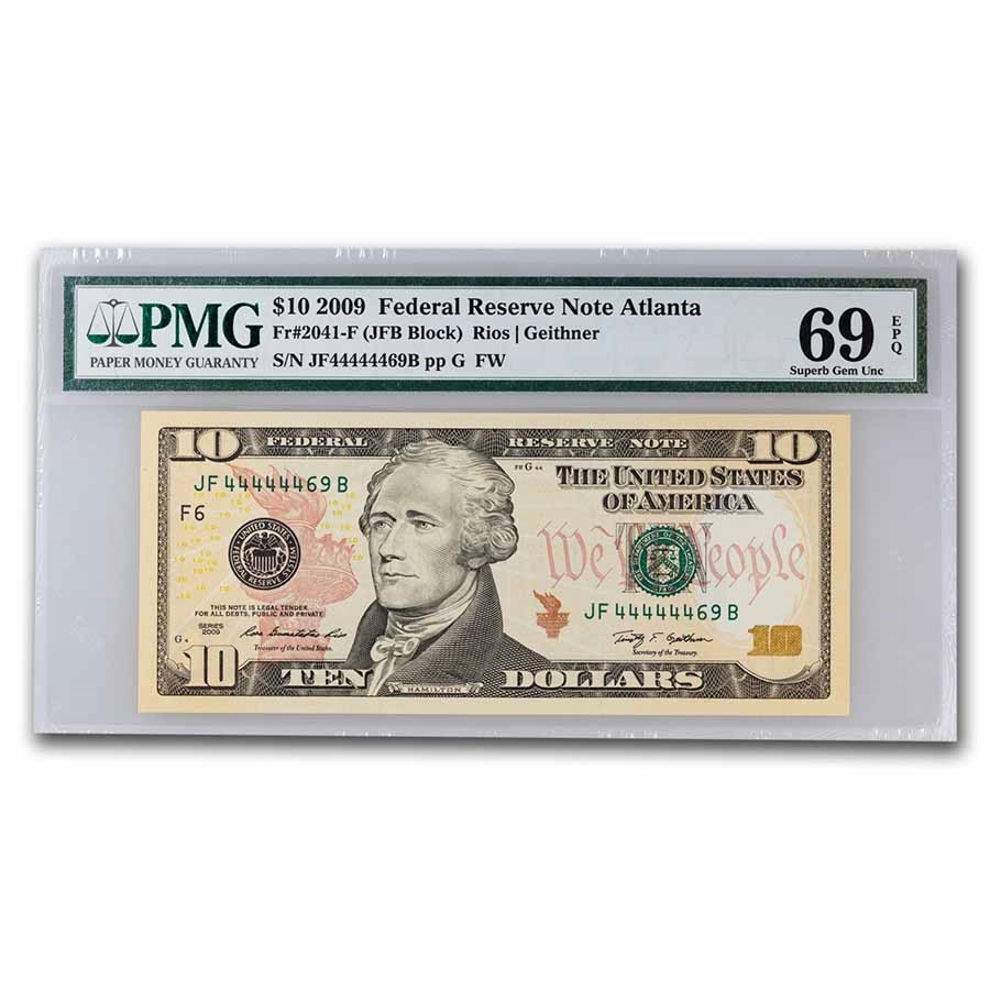 2009 $10 FRN CU-69 EPQ PMG (Fr#2042-B) Fancy Near Solid Serial #