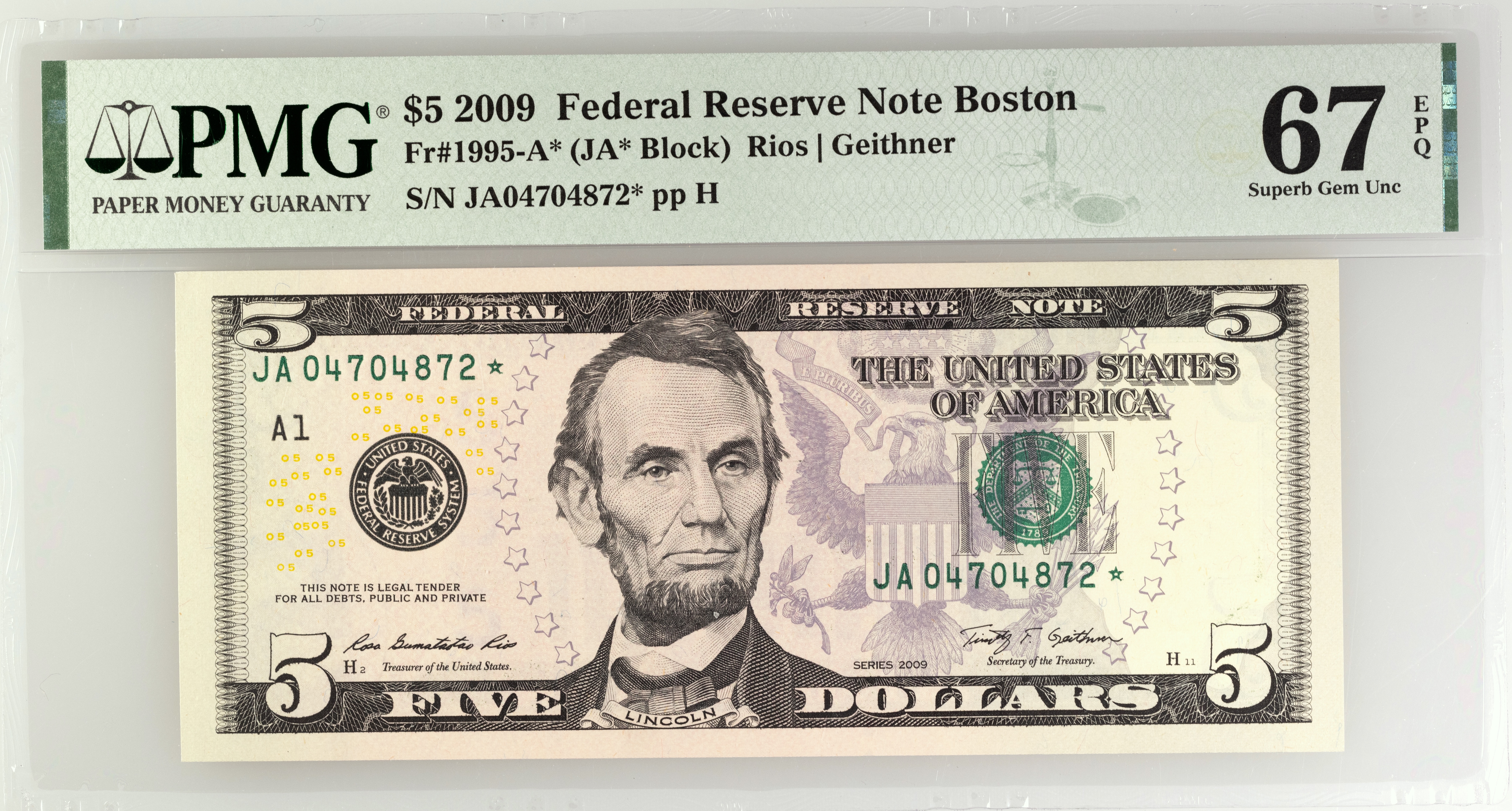 2009* (A-Boston) $5 FRN CU-67 EPQ PMG (Fr#1995-A*) Star Note 2009* (A-Boston) $5 FRN CU-67 EPQ PMG (Fr#1995-A*) Star Note