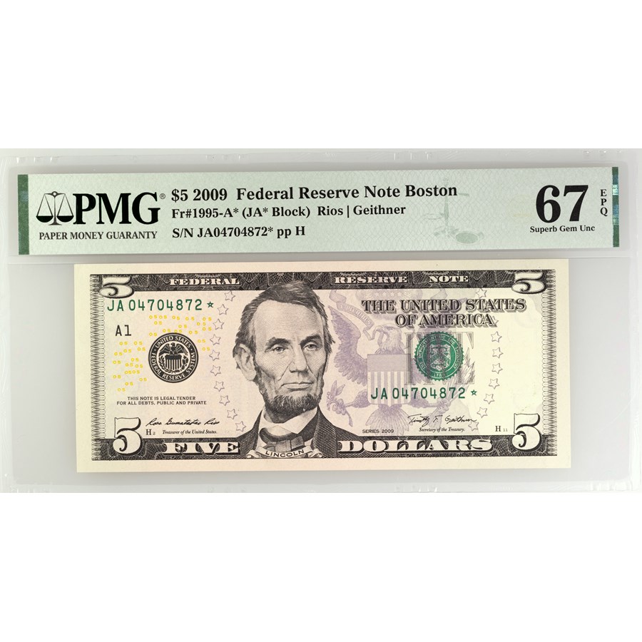 2009* (A-Boston) $5 FRN CU-67 EPQ PMG (Fr#1995-A*) Star Note