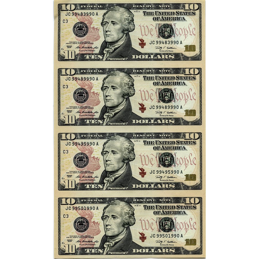 2009 (C-Philadelphia) $10 FRN CU (Fr#2041-C) 4 Note Uncut Sheet