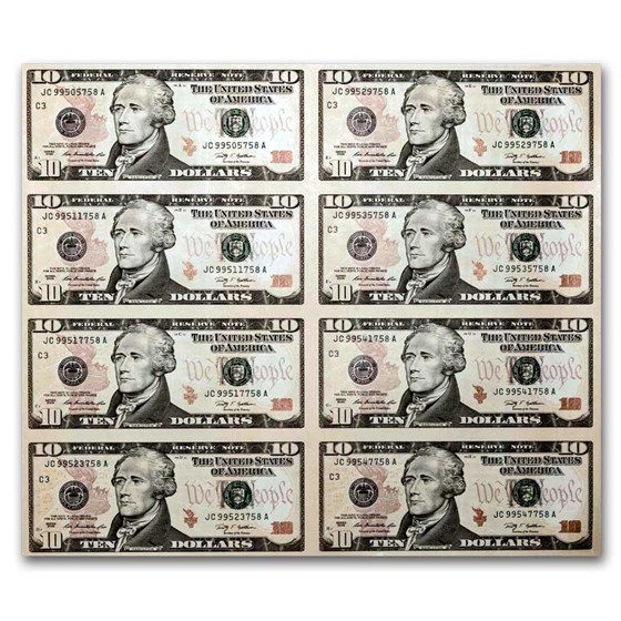2009 (C-Philadelphia) $10 FRN CU (Fr#2041-C) 8 Note Uncut Sheet 2009 (C-Philadelphia) $10 FRN CU (Fr#2041-C) 8 Note Uncut Sheet