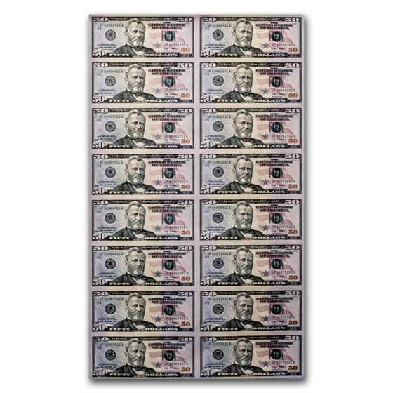 2009 (F-Atlanta) $50 FRN CU (Fr#2131-F) 16 Note Uncut Sheet. 2009 (F-Atlanta) $50 FRN CU (Fr#2131-F) 16 Note Uncut Sheet.