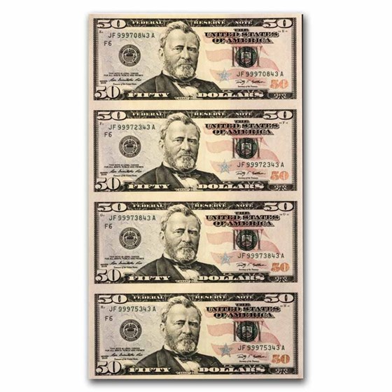 2009 (F-Atlanta) $50 FRN CU (Fr#2131-F) 4 Note Uncut Sheet. 2009 (F-Atlanta) $50 FRN CU (Fr#2131-F) 4 Note Uncut Sheet.