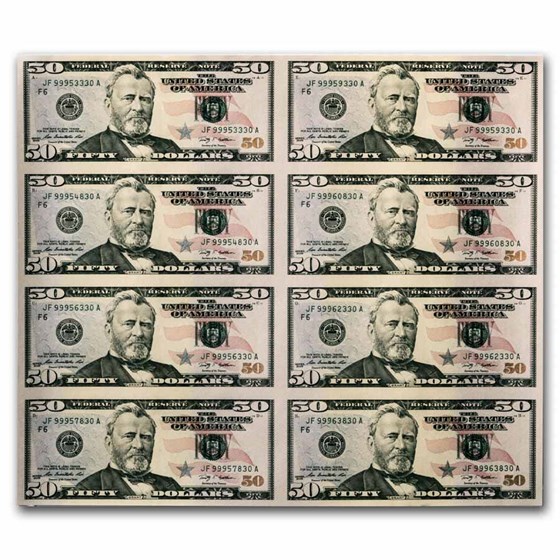 2009 (F-Atlanta) $50 FRN CU (Fr#2131-F) 8 Note Uncut Sheet.