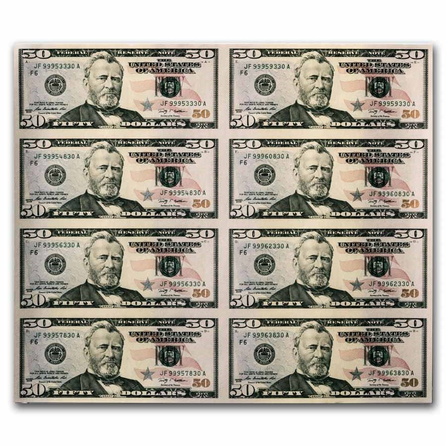 2009 (F-Atlanta) $50 FRN CU (Fr#2131-F) 8 Note Uncut Sheet.